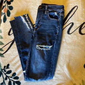 Dark Blue Distressed Skinny Jeans with Fringed cuffs